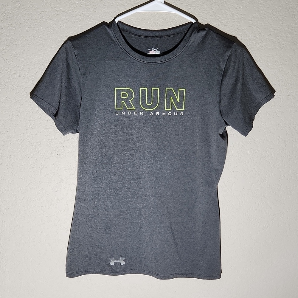 Under Armour Womens shirt Size S Athletic Top Short Sleeve Gray Green Heat Gear
